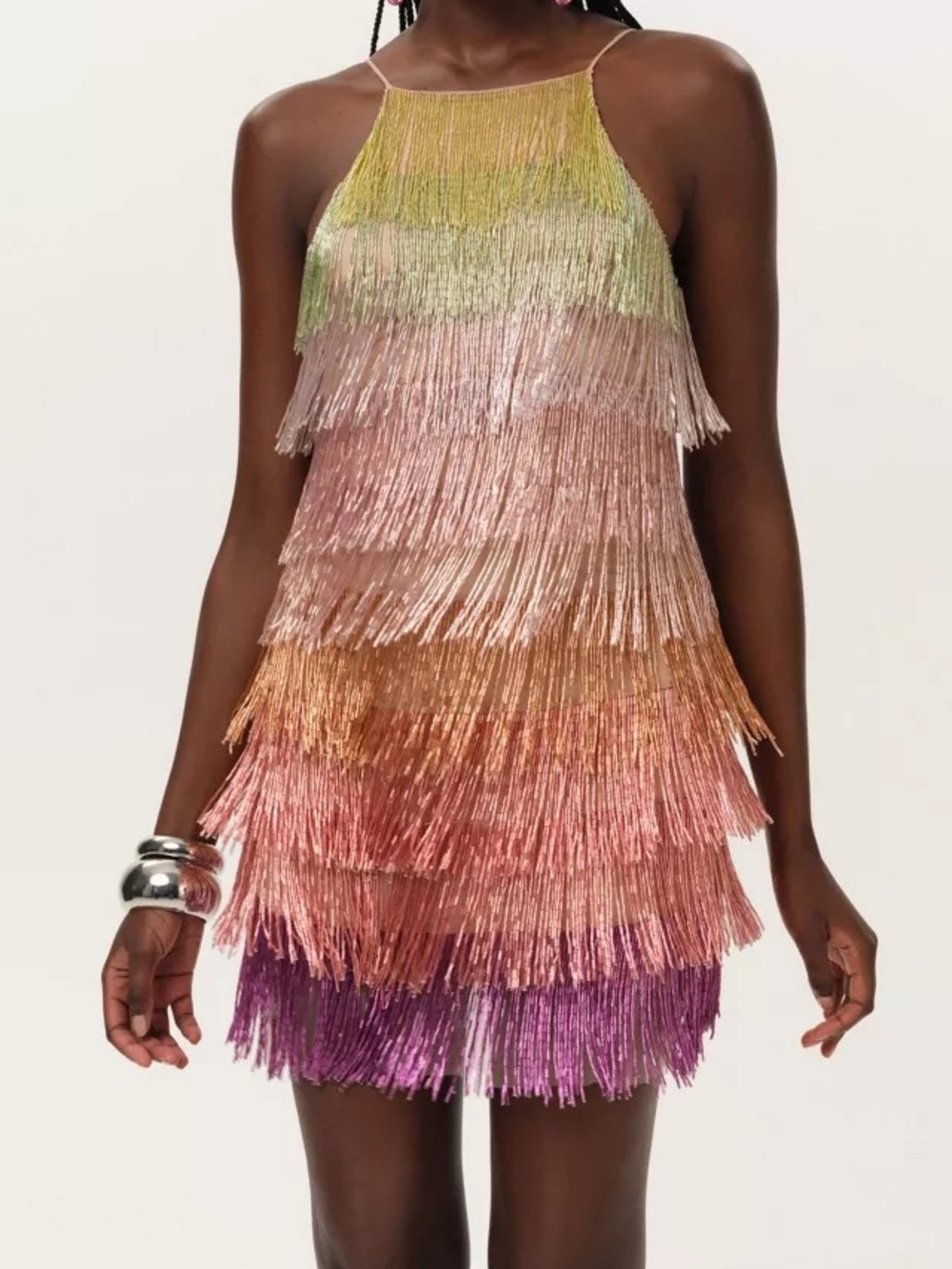 For Love & Lemons Multicolor Ombre Fringe Mini Dress — Green Pink Gold Purple - Picture 1 of 4